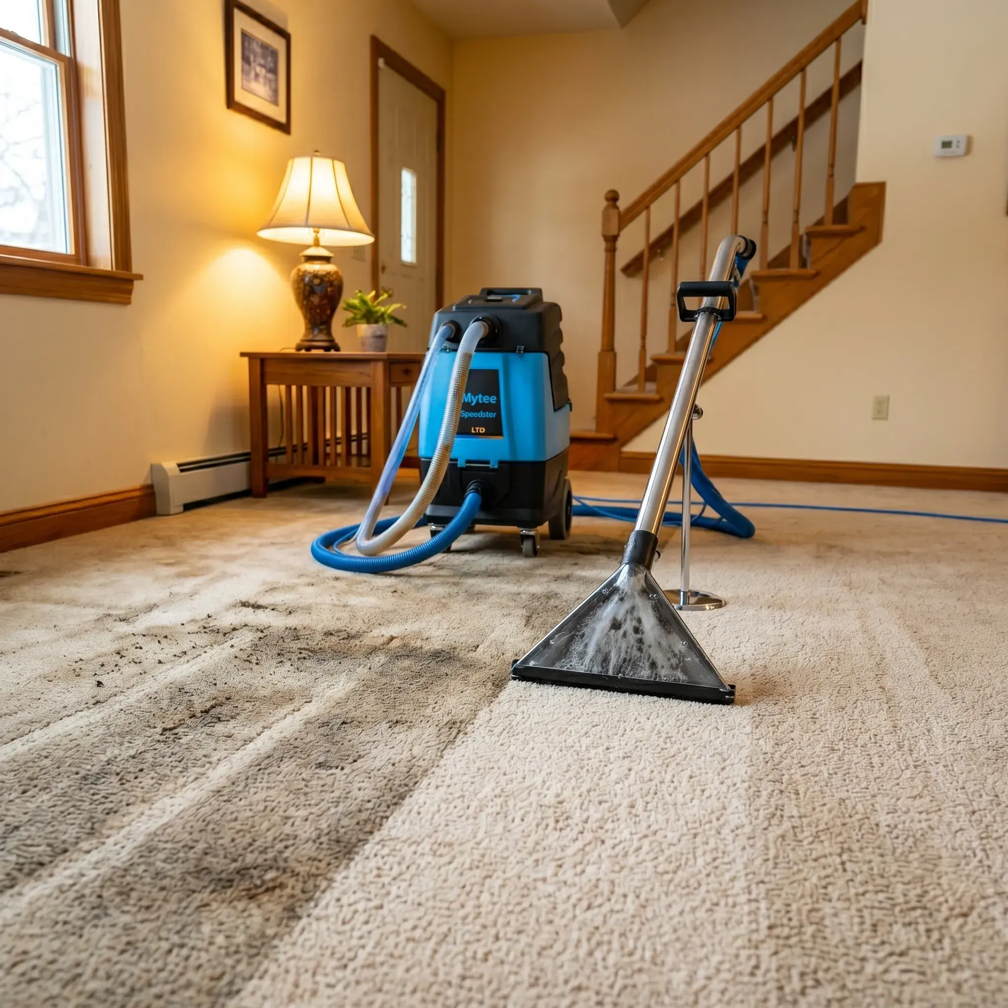 Carpet cleaning machine showing a before-and-after deep-clean contrast in a home.