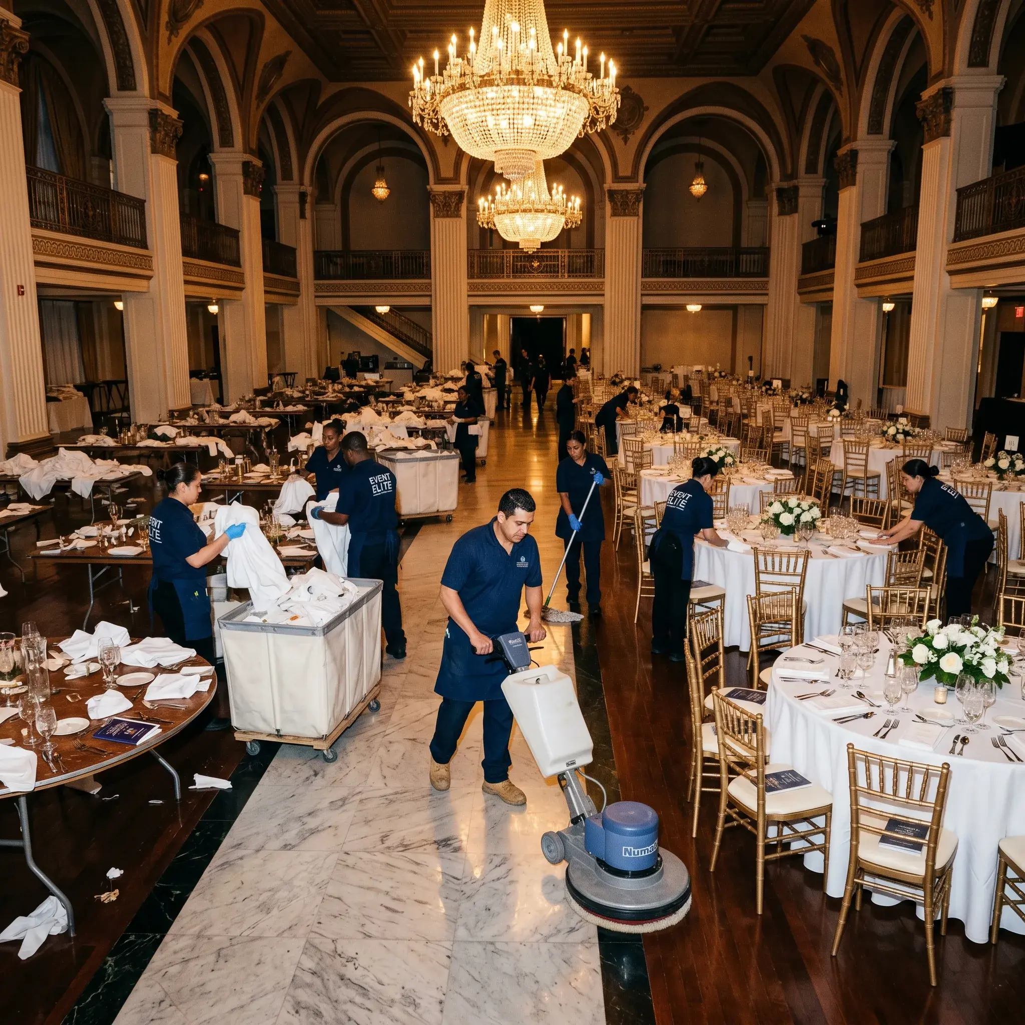 Cleaning crew restoring an event venue hall after a gala.