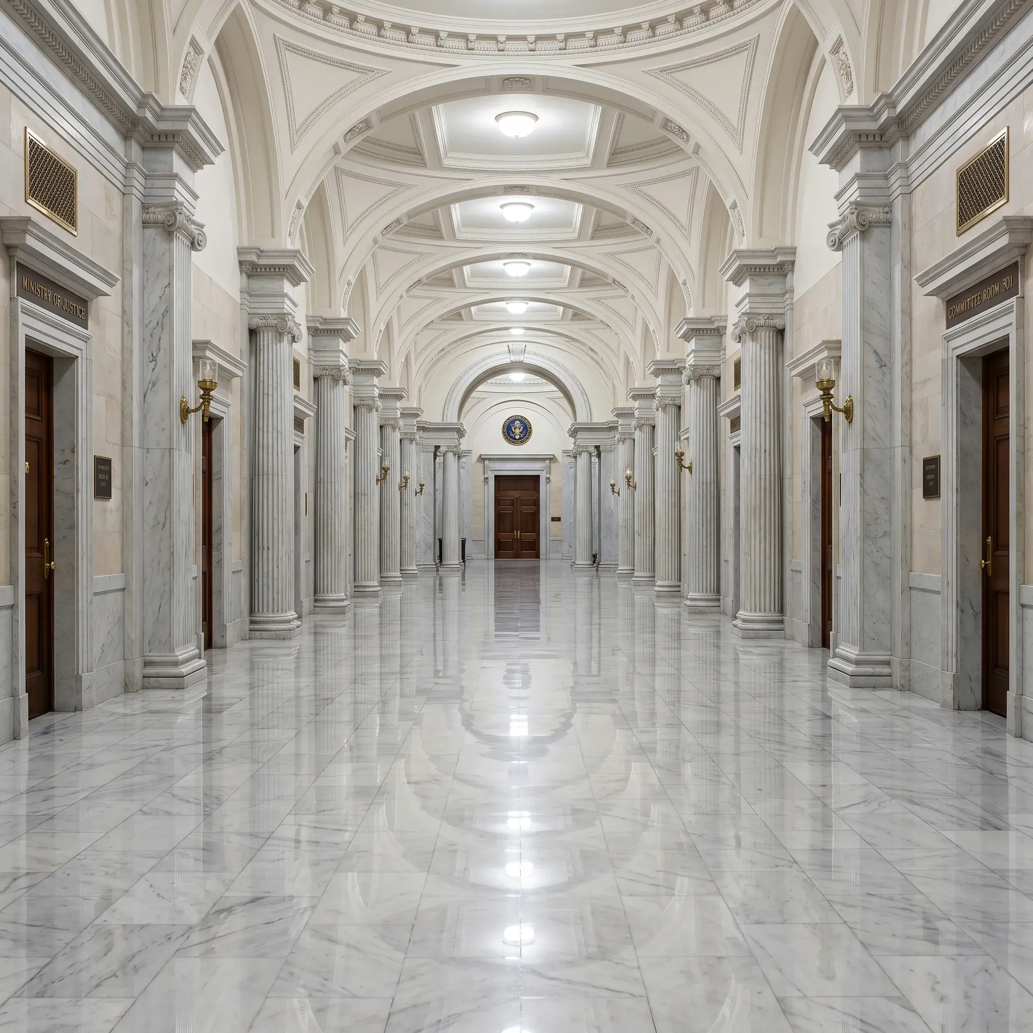 Freshly mopped marble corridor in a government or institutional building.