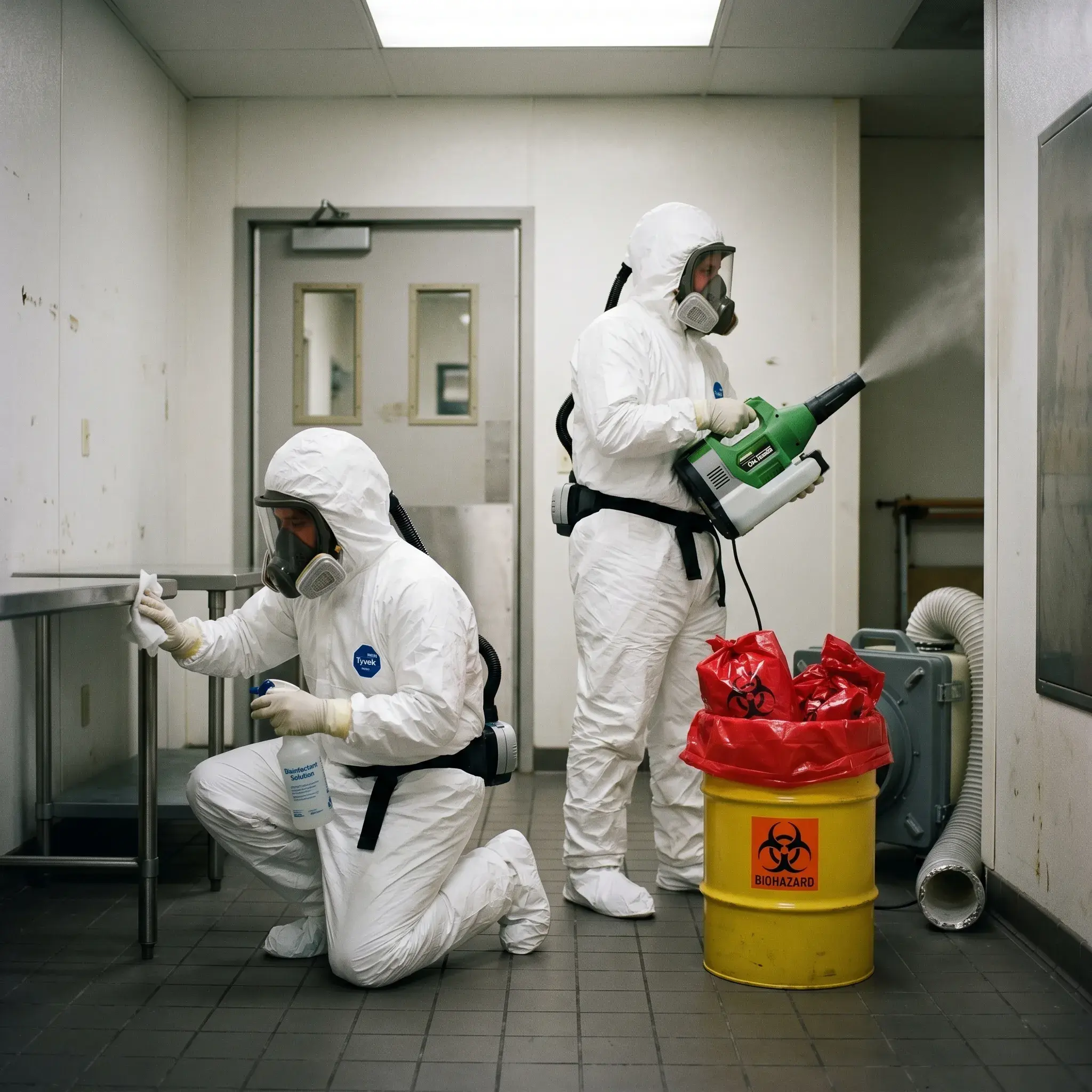 Hazmat-suited technicians decontaminating an interior room during biohazard cleanup.