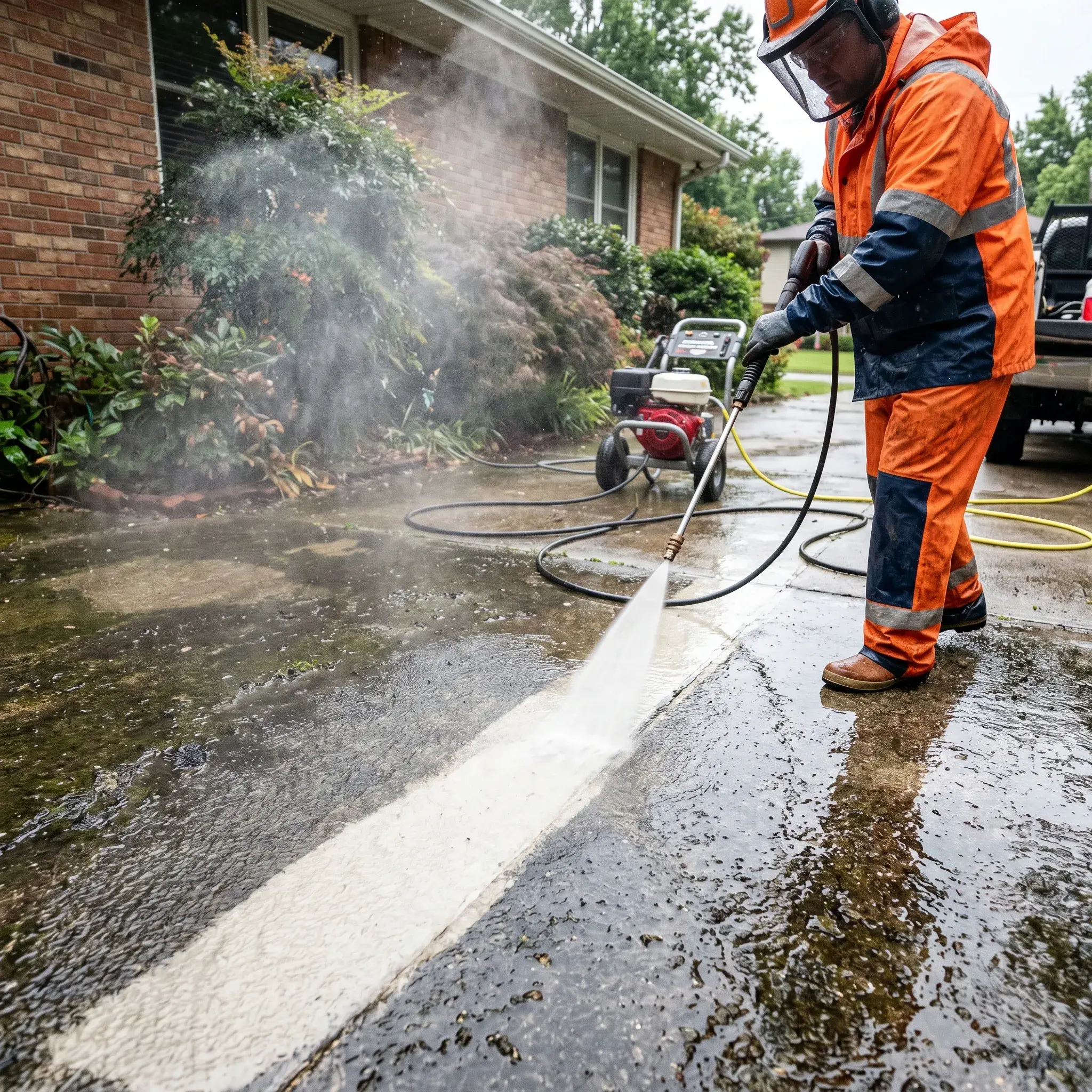 High-pressure washing restoring a grimy concrete driveway.
