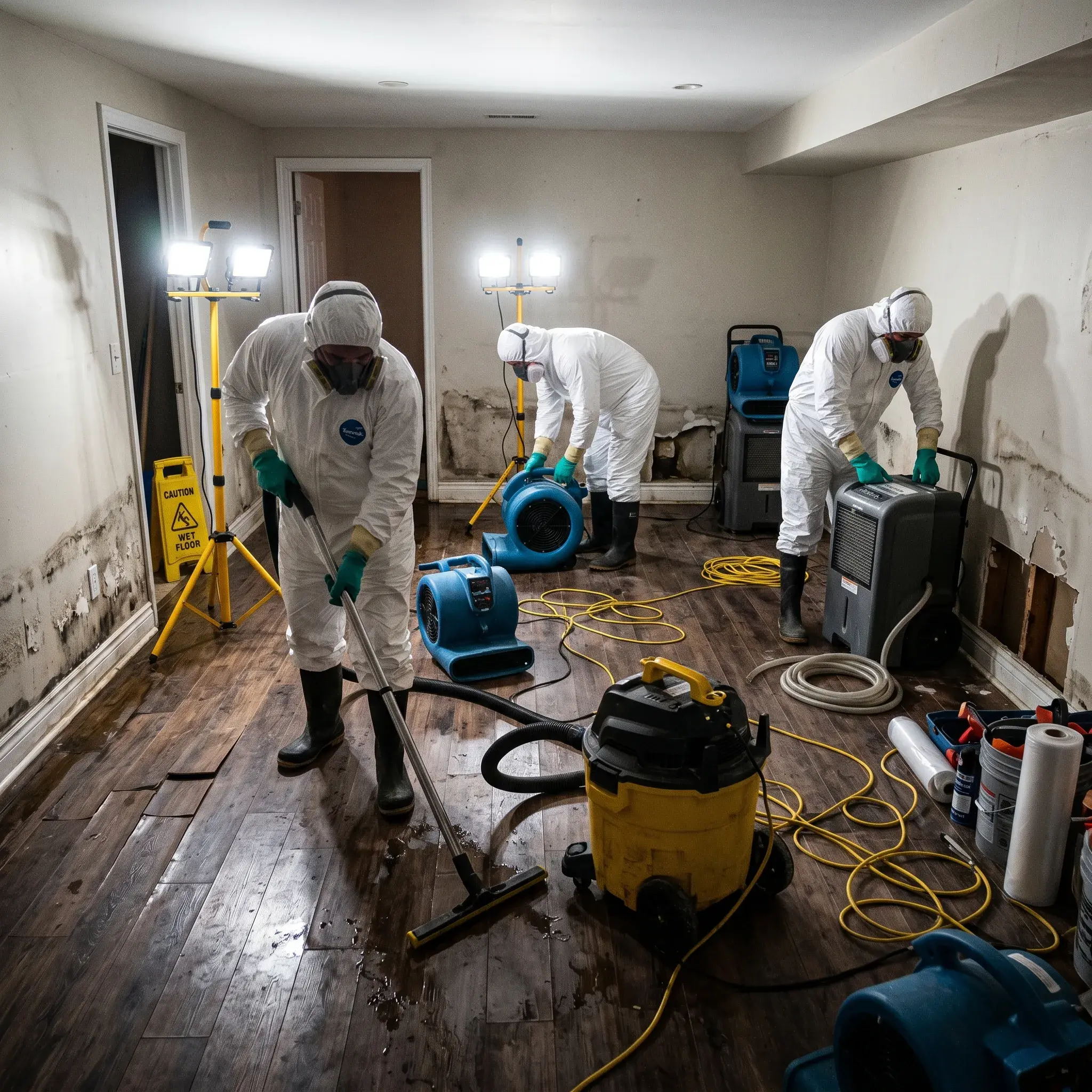 Restoration crew using wet vacuums and air movers in a water-damaged room.