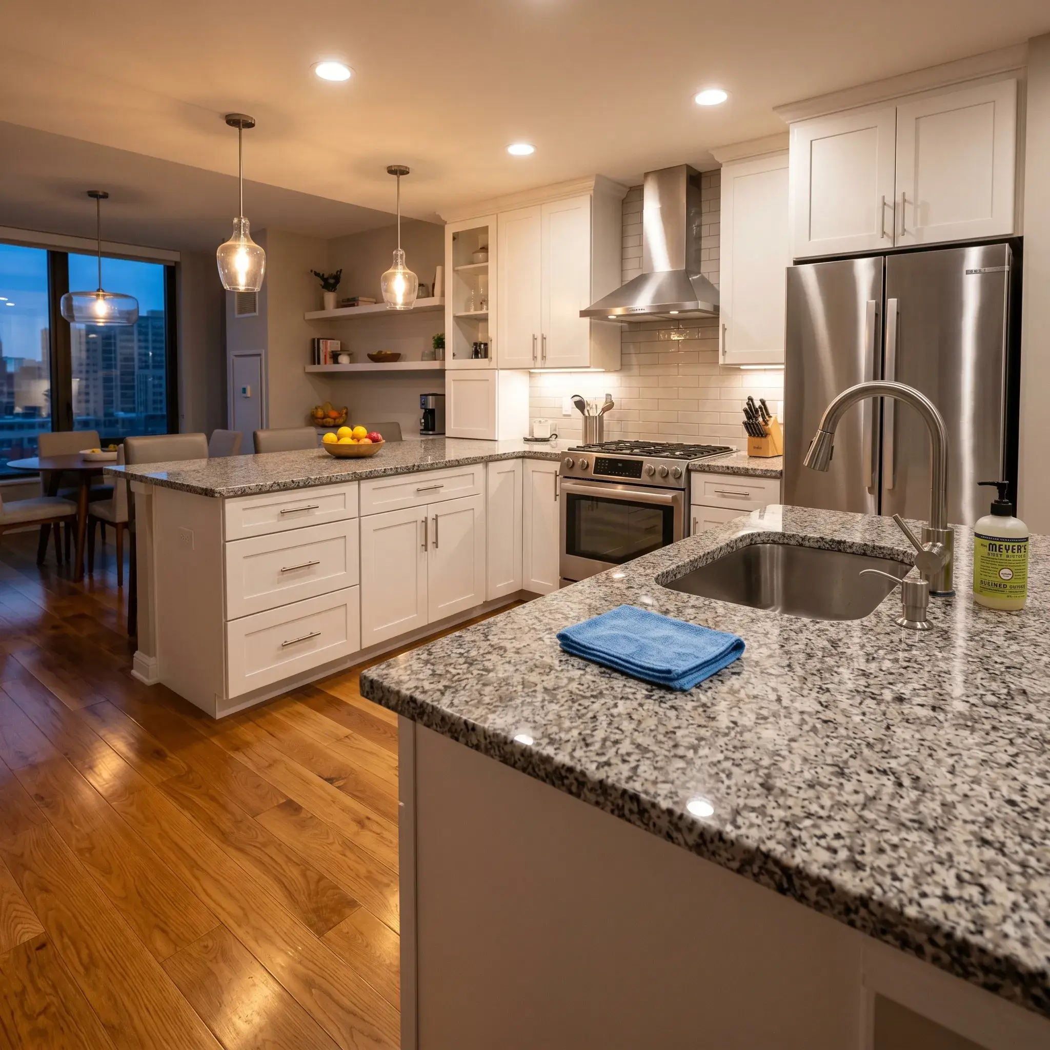 Spotless modern condo kitchen with polished counters and appliances after cleaning.