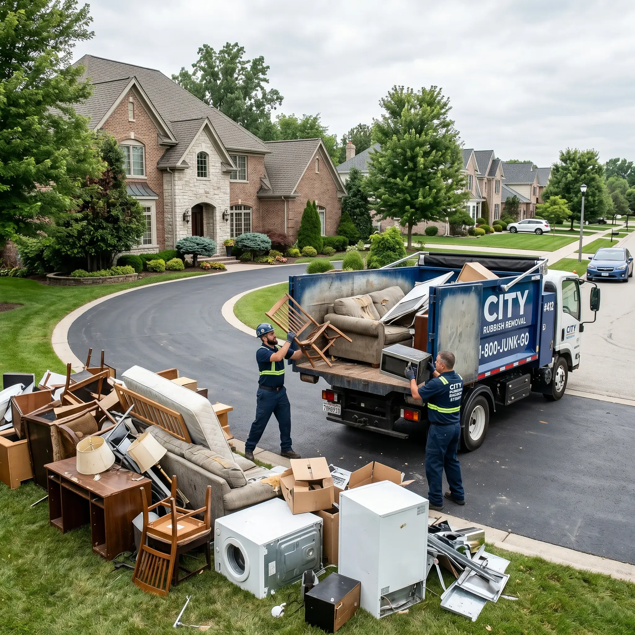 Workers loading old furniture and appliances into a junk removal truck.