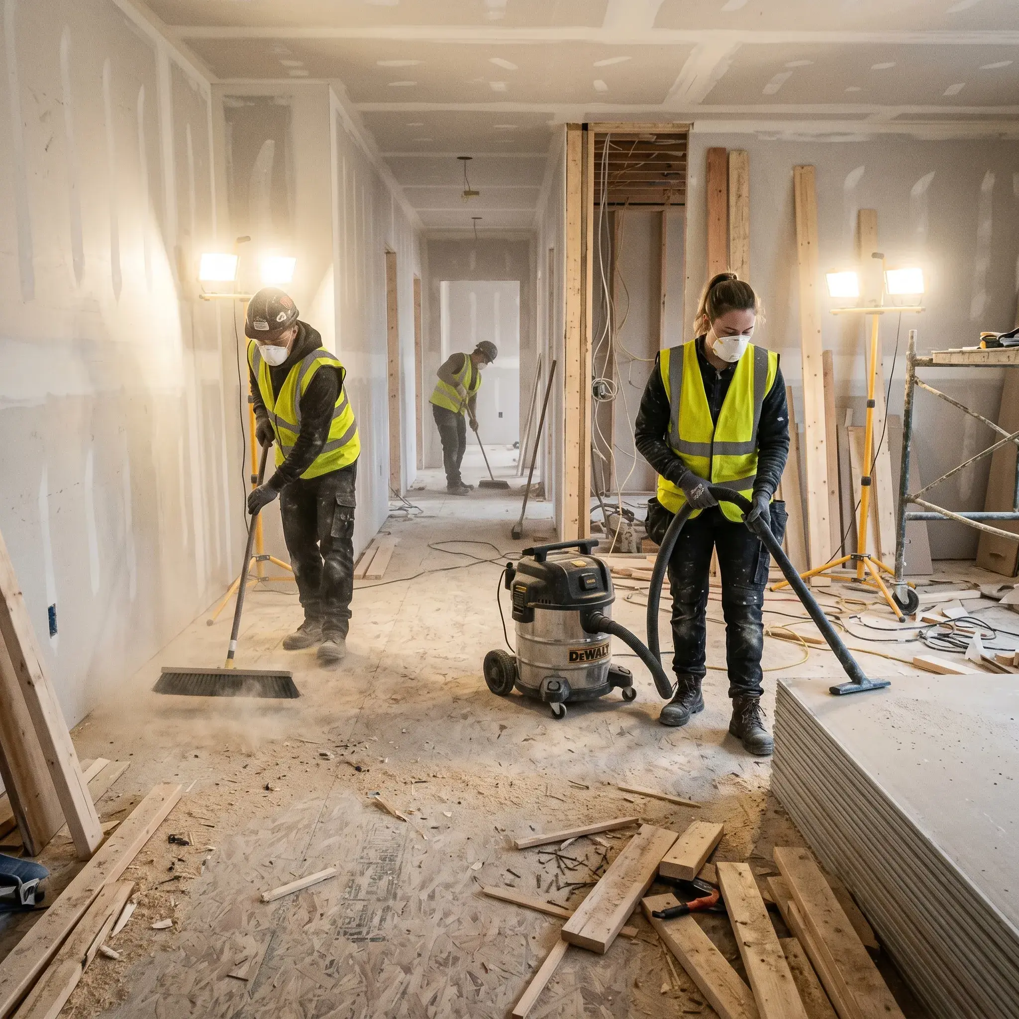 Workers sweeping construction dust during a post-build interior cleanup.